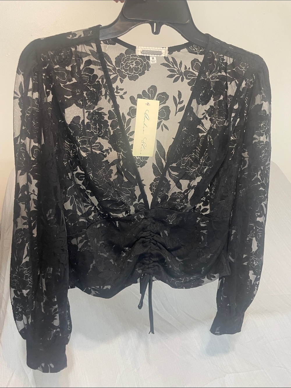 New With Tag Whimsygoth Dark feminine Sheer Black Floral Lace Top Size M